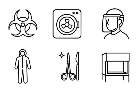 Biolab Safety Icons. Outline vector icons of biological lab precautions: biohazard symbol, autoclave icon,