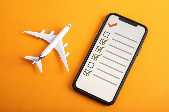 Airplane model and smartphone displaying a checklist with completed tasks on an orange background