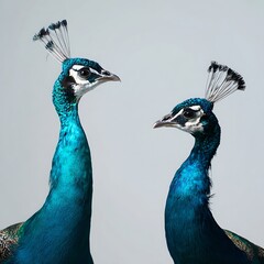 Two peafowl in profile view against a plain background.