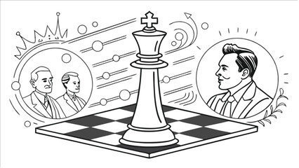 Abstract symbolic black and white geometric illustration with vibrant color accents