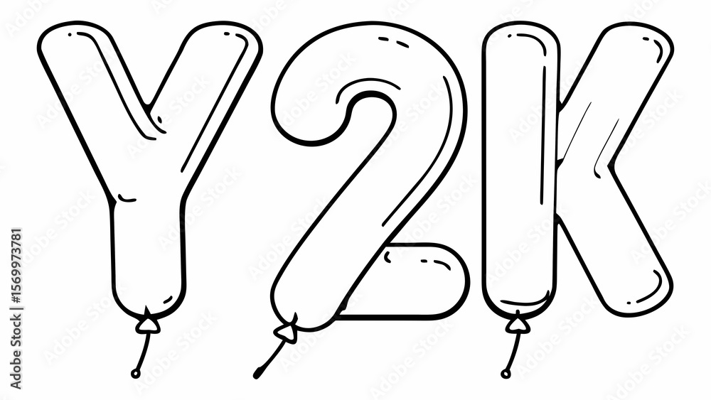 Poster a black and white drawing of y2k in balloon letters with strings attached to the bottom of them crea