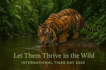 Majestic tiger drinking water in lush green forest during international tiger day isolated on white background isolated on transparent background silhouette