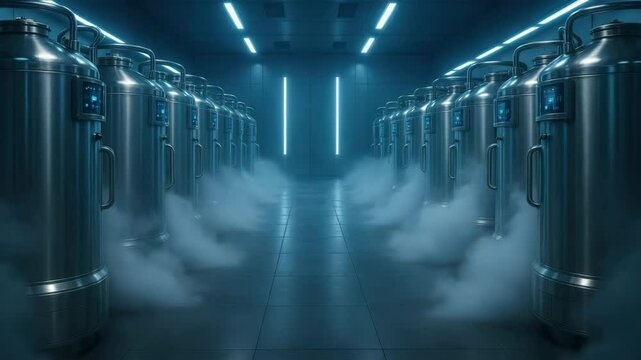 Futuristic cryogenic storage facility with rows of stainless steel tanks releasing vapor in a high-tech laboratory, concept of freezing, preservation, science, technology.