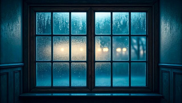 Rainy night view through window with water droplets and warm street lights in moody atmosphere

