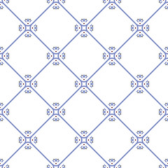 Tile pattern. Ceramic tiles. Vintage tiled. Seamless texture. Modern wallpaper. Blue and white background for your design. Floor ornament. Pottery folk print.  Abstract floral endless. Vector