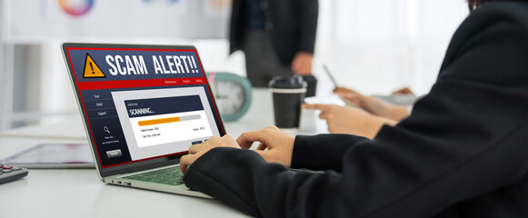 Cyber security software show alert of cyber attack for protection snugly. Danger from virus,...