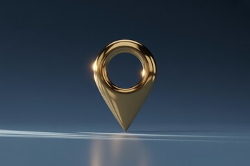 A shiny golden location pin standing upright on a reflective surface against a blue background