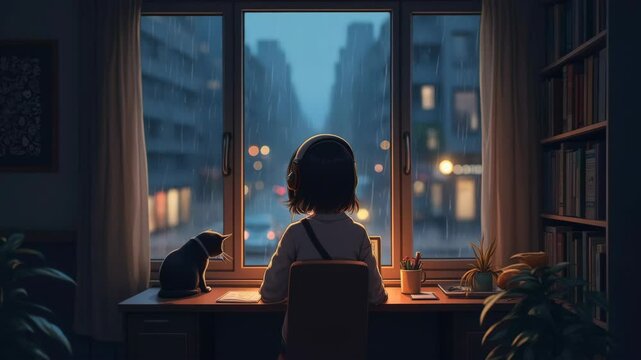 A girl and her cat at a window on a rainy night, a classic, cozy lo-fi scene perfect for a study or relaxation video background