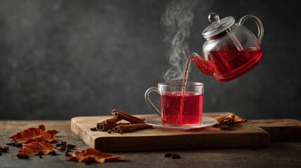 The steaming red tea being poured from a kettle into a glass cup.