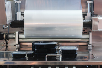 A machine with a roll of polyethylene plastic wrapping film on it. The machine is in a factory....