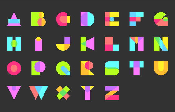 Modern Geometric Alphabet in Bold Color Segments with Sharp Abstract Letterforms and Block Styling