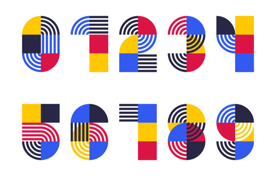 Color Block Number Set with Bold Geometric Shapes and Striped Accents in Primary Bauhaus Style