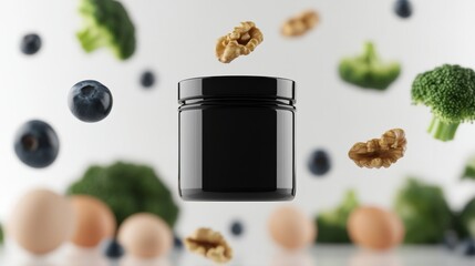 a small plastic black jar mockup awith black lid while some brocoli, walnuts, blueberries, eggs, salamon flying in the background against a white background , studio photography, product photography, 