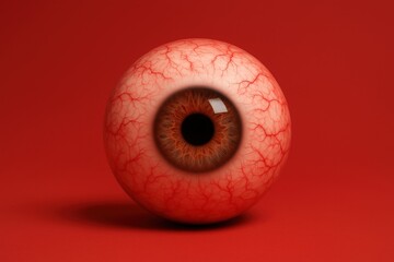 Intense Gaze: A hyper-realistic, detailed depiction of an eyeball, showcasing intricate veins and a striking brown iris, against a vibrant red backdrop.
