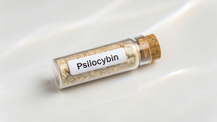 Psilocybin powder in small glass vial with cork depression treatment concept natural medicine alternative healing