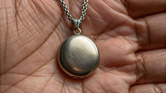Silver locket pendant held in hand symbolizes unresolved trauma and memories, reflecting emotional depth and personal history - Powered by Adobe