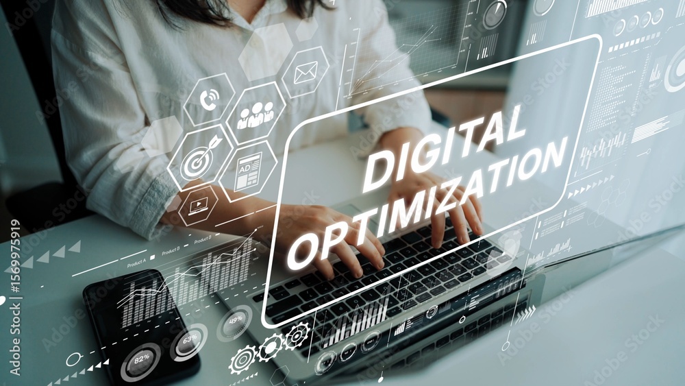 Poster focused individual engaged in digital optimization with analytical graphics and laptop showing data 