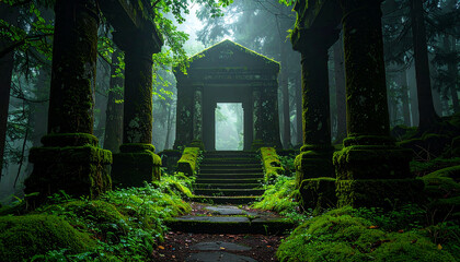 Ancient ruin in dense misty forest, green moss. Dark tones. Foggy woods.