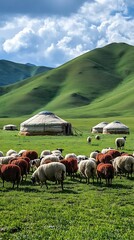 Fototapeta premium Sheep Grazing near Yurts with Green Hills.