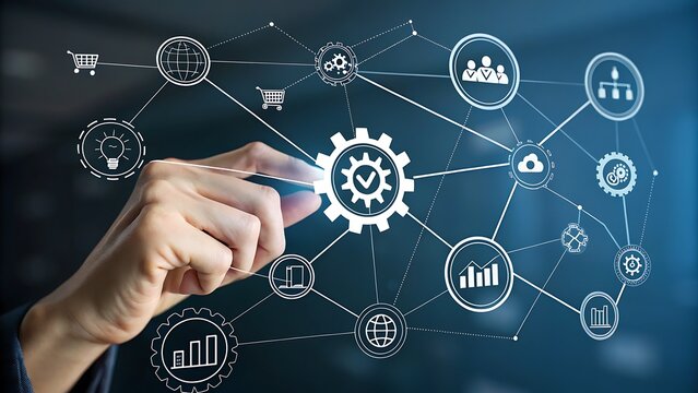 Photo of a hand interacts with a digital network of interconnected business and technology icons