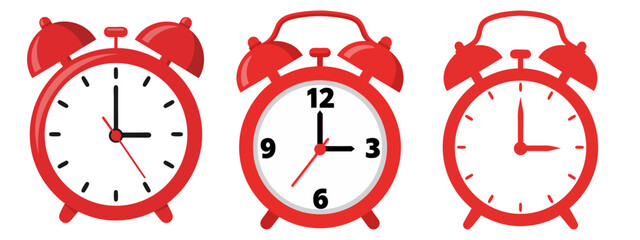 Classic Red Alarm Clocks Flat Design Vector Illustration Set - Time Morning Wake Up Graphic