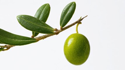 The fresh green olive hanging delicately from its branch surrounded by vibrant leaves.