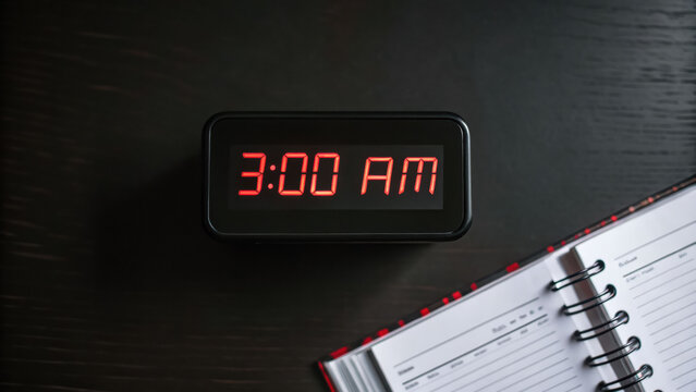 Digital clock 3AM red LED dark background planner open notebook time display early morning black surface spiral binding schedule organization