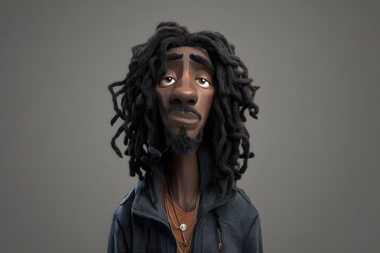 3D portrait of a black man with dreadlocks and a tired, melancholic expression. Close-up of a stylized character with gaunt cheeks, isolated on a gray background