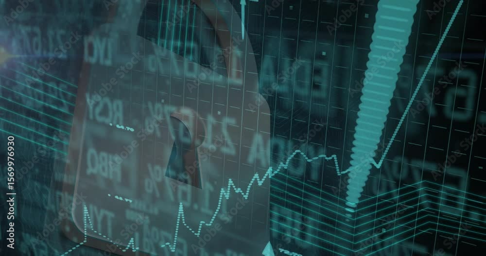 Poster grid lines sliding behind padlock starting chart drawing and arrows ascending for secure data surge