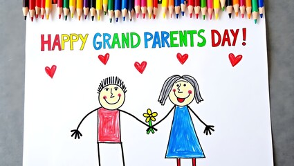 Childrens drawing of grandparents holding flowers with colorful pencils border