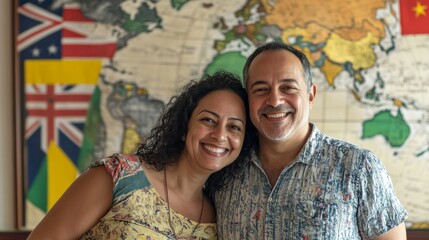 a smily and happy adult brazilian couplein their early 40s traveller in front of a panel with a large world map and real flags USA, UK, Australia, France, Portugal, Spain as a background panel photo r