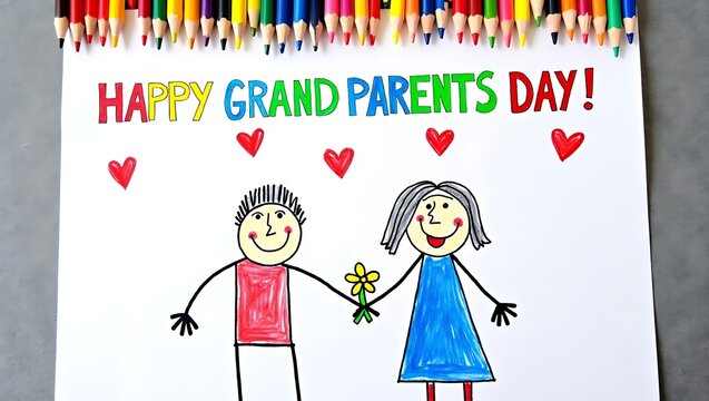 Childrens drawing of grandparents holding flowers with colorful pencils border - Powered by Adobe