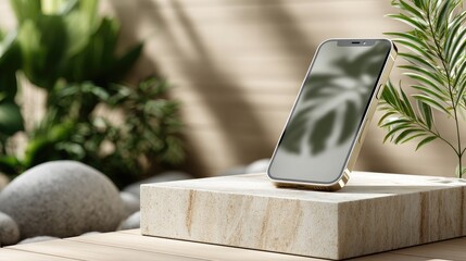 A sleek smartphone mockup rests on a cream stone pedestal, showcasing elegant design under soft beige lighting without any screen content