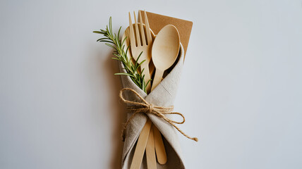 Wooden cutlery tied with twine and rosemary sprig fork spoon