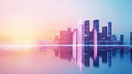 Fototapeta premium Financial Double Exposure Cityscape overlaid with financial charts and graphs, represents the connection between urban development and financial markets