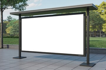 A blank billboard stands on a tiled surface with trees and grass in the background outdoors