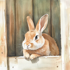 Rabbit looking out from wooden window with a curious expression  