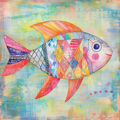 Colorful fish illustration with patterned scales on abstract background  