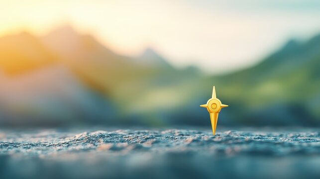 Icon Pin Location Direction 3D rendered pin icon with a compass needle, map with terrain visible, emphasizes precise navigation