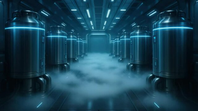 Futuristic cryogenic storage facility with rows of stainless steel tanks releasing vapor in a high-tech laboratory, concept of freezing, preservation, science, technology.