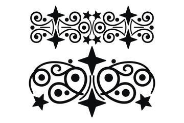 
Vintage Ornate black and white decorative border with swirling floral elements and stars, filigree Motif curls, designs, calligraphy Elegant floral scrolls  
