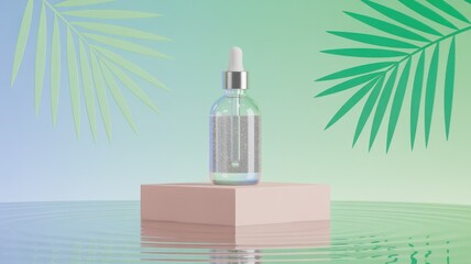Clear serum bottle with dropper on a pink cube with palm leaves in a watery background scene