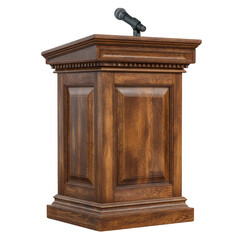 Elegant wooden podium with microphone for public speaking and presentations isolated on transparent background