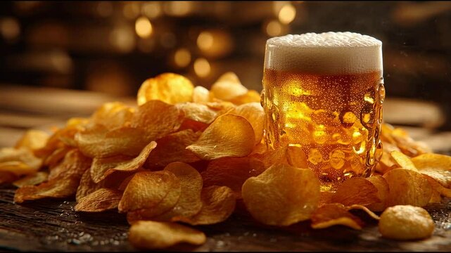 Large Pile of Crunchy Golden Potato Chips with Cold Foamy Beer Mug on Rustic Wooden Table	
