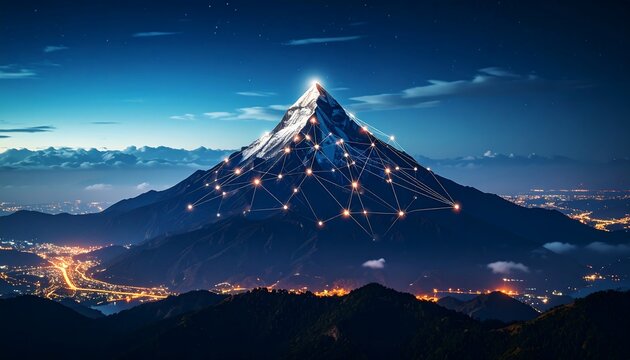 Mountain peak at night with network