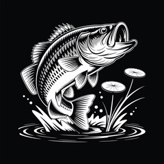 Bass Fish Jumping with Water Lilies