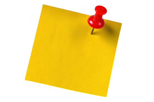 A bright yellow sticky note with a red pushpin attached isolated on transparent background - Powered by Adobe