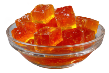 Delicious orange jelly cubes in a clear glass bowl isolated on transparent background