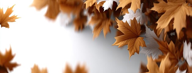 Beautiful autumn leaves dance in the air, showcasing rich hues of orange and gold, creating a tranquil yet dynamic autumn sensation on a white background.