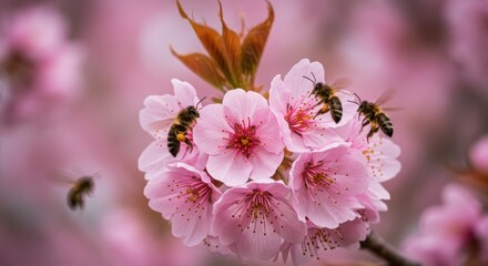 Obraz premium Delicate Pink Cherry Blossoms with Busy Bees: A Springtime Symphony of Nature's Beauty